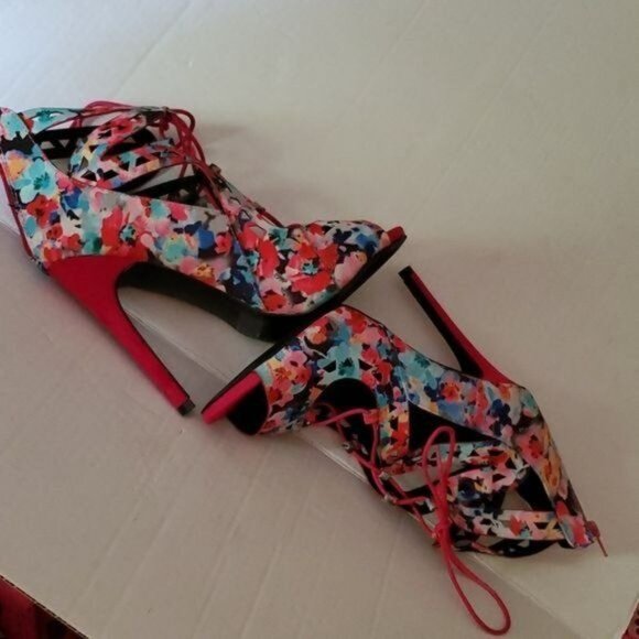 STILETTO HEELS PUMPS SHOES Pink Floral Peep Toe Lace Up Qupid Women's WOMAN'S 10 - Picture 8 of 16